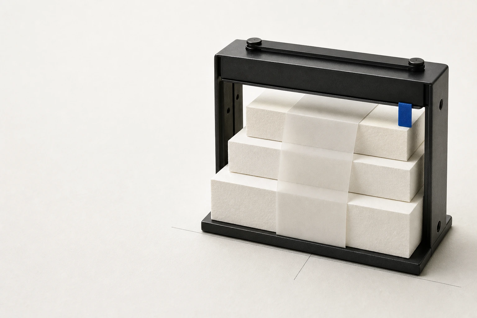 A stepped paper prototype held under a matte black compression rail with a cobalt calibration tab.