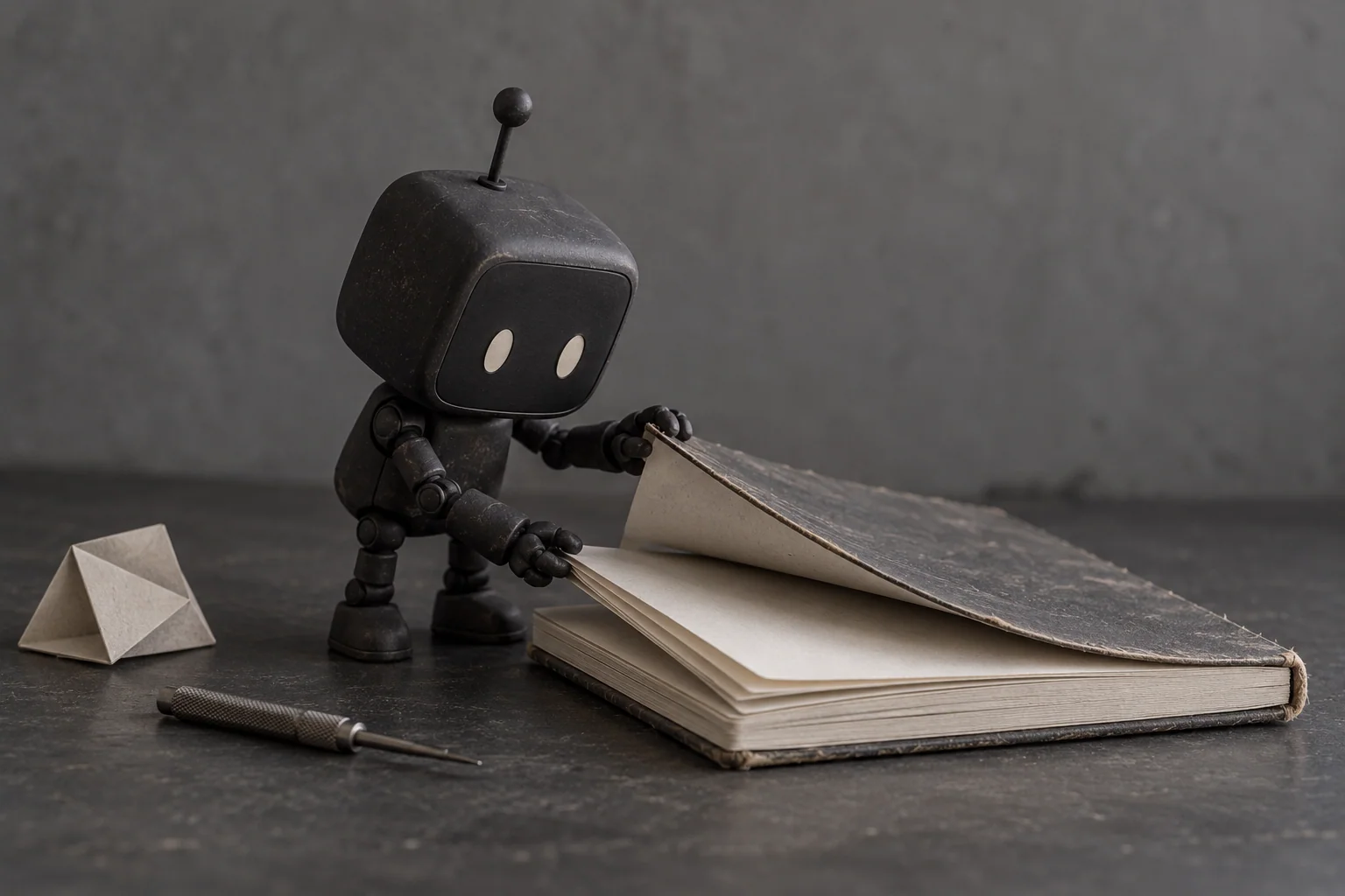 A small charcoal agent opens a worn notebook beside a folded paper model.