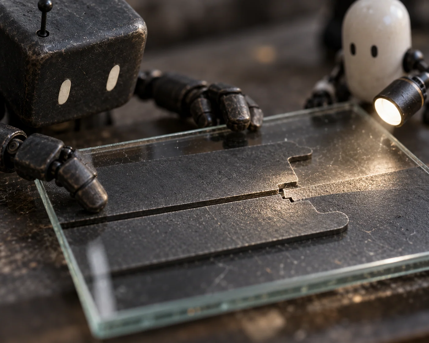 Two agents inspect the fit between metal parts under a small work light.